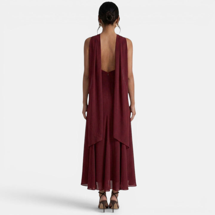 Vestido maxi de mujer con tirantes cruzados, escote halter drapeado y falda fluida