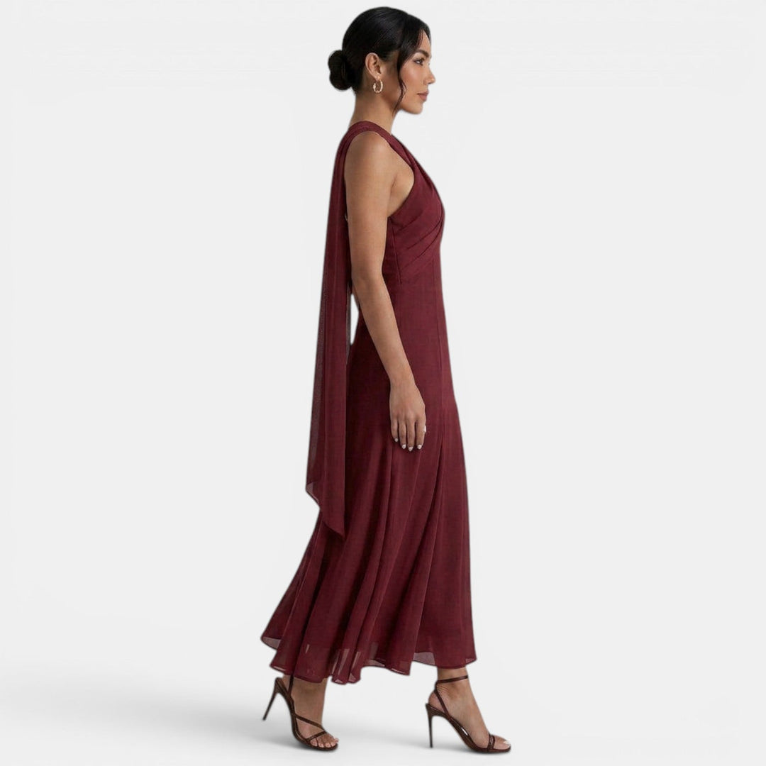 Vestido maxi de mujer con tirantes cruzados, escote halter drapeado y falda fluida