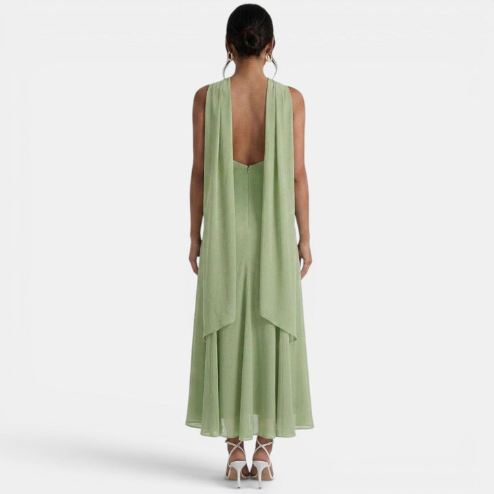Vestido maxi de mujer con tirantes cruzados, escote halter drapeado y falda fluida