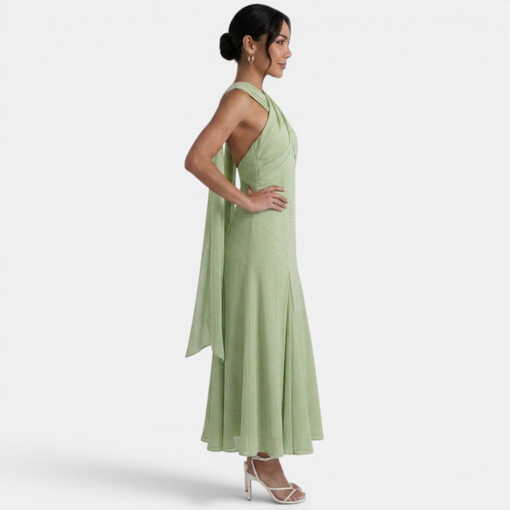 Vestido maxi de mujer con tirantes cruzados, escote halter drapeado y falda fluida
