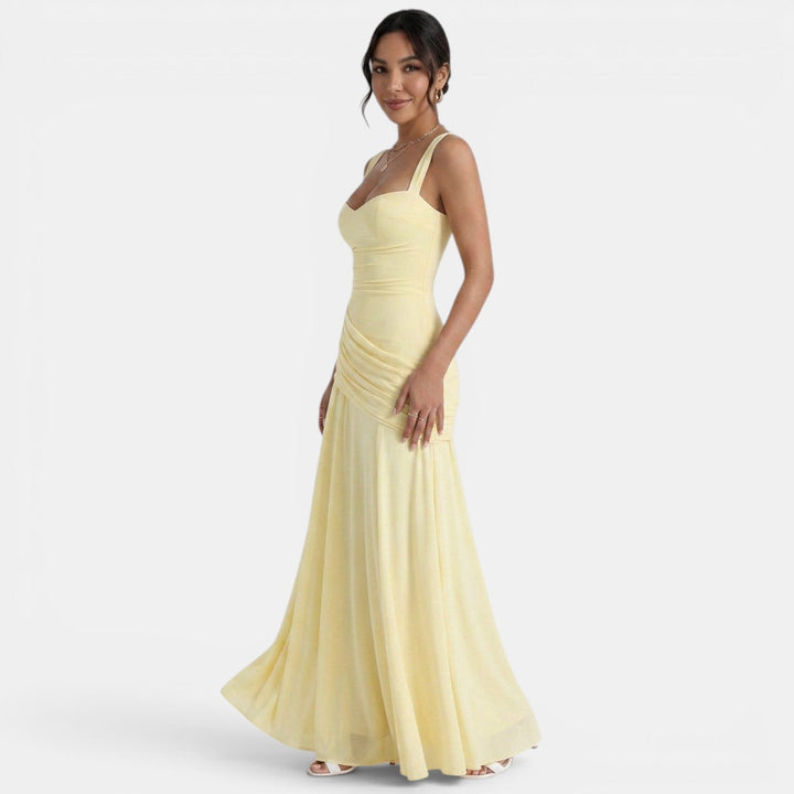 Vestido maxi amarillo para mujer con tirantes anchos, cintura drapeada, espalda cruzada