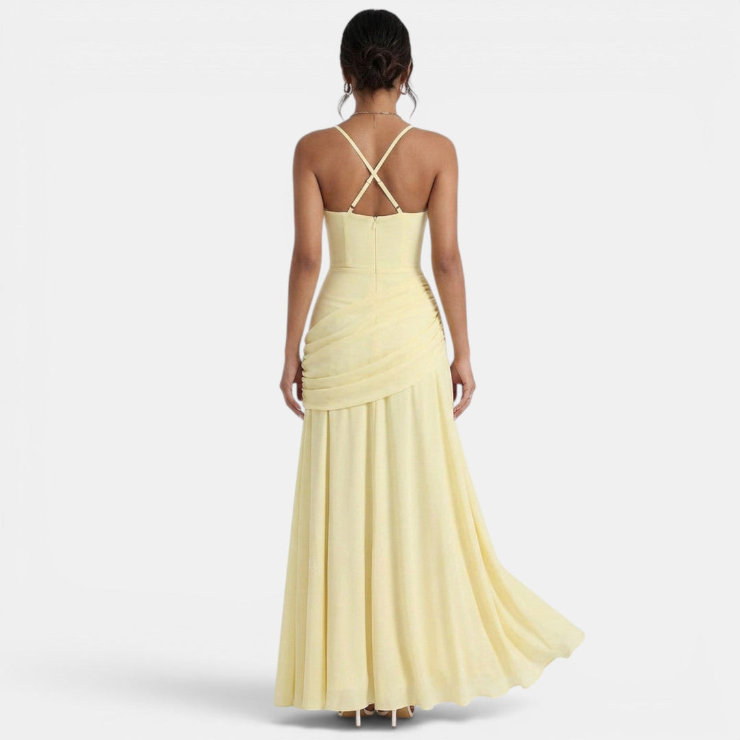 Vestido maxi amarillo para mujer con tirantes anchos, cintura drapeada, espalda cruzada