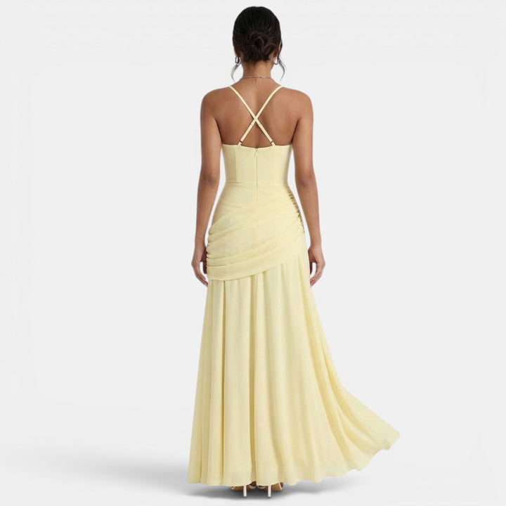 Vestido maxi amarillo para mujer con tirantes anchos, cintura drapeada, espalda cruzada