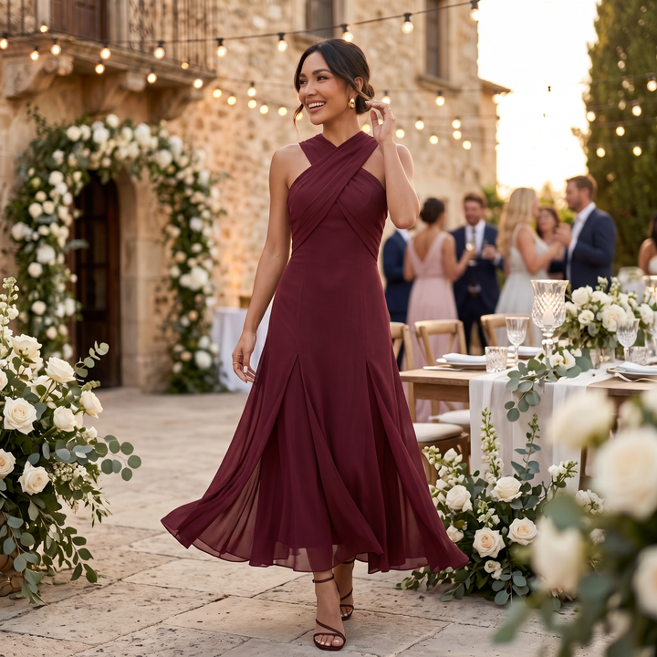 Vestido maxi de mujer con tirantes cruzados, escote halter drapeado y falda fluida