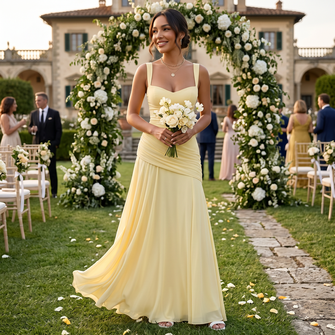 Vestido maxi amarillo para mujer con tirantes anchos, cintura drapeada, espalda cruzada
