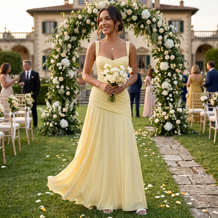 Vestido maxi amarillo para mujer con tirantes anchos, cintura drapeada, espalda cruzada