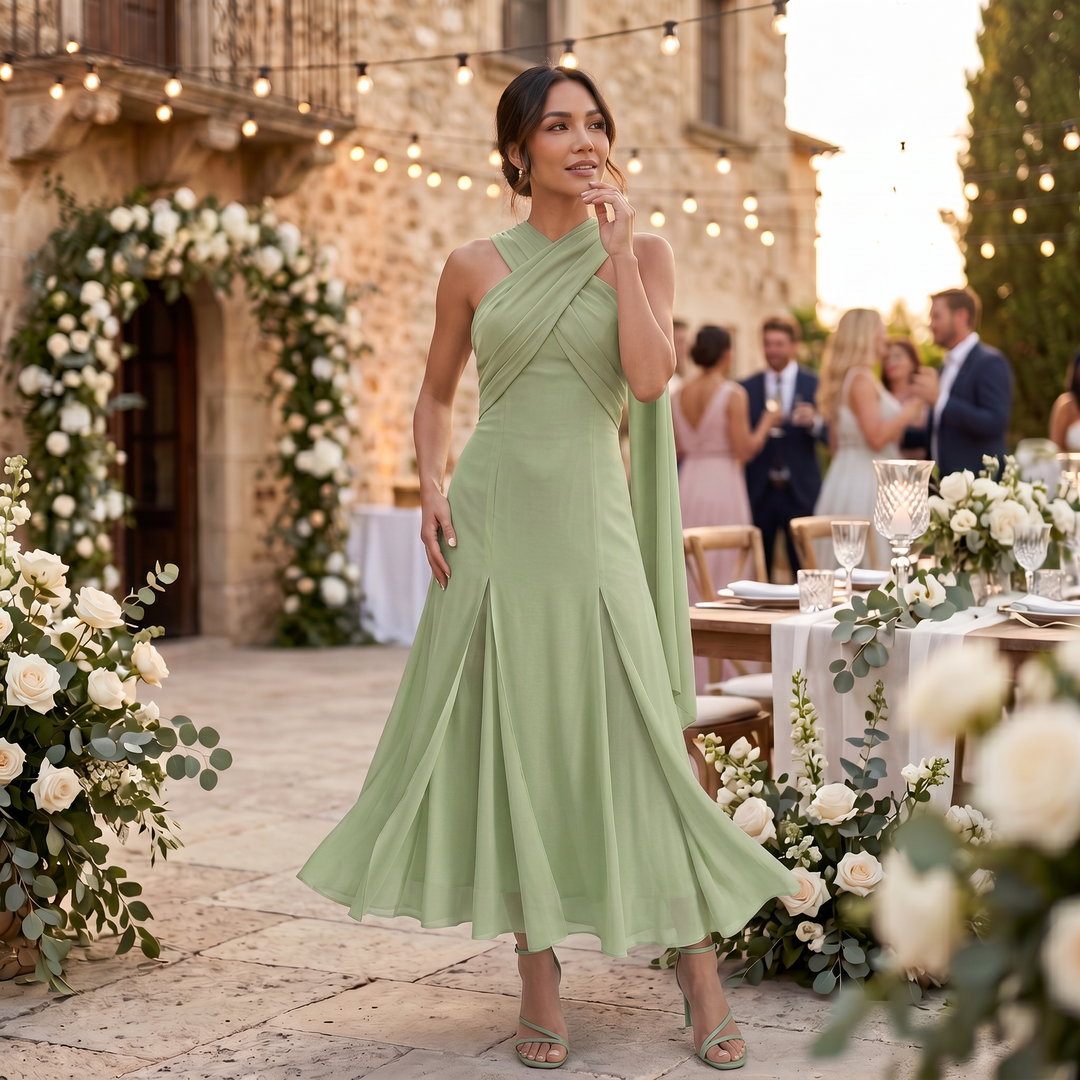 Vestido maxi de mujer con tirantes cruzados, escote halter drapeado y falda fluida