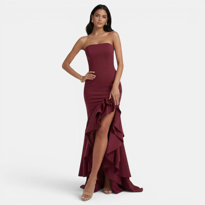 Vestido maxi para mujeres, corsé asimétrico, volantes, abertura alta
