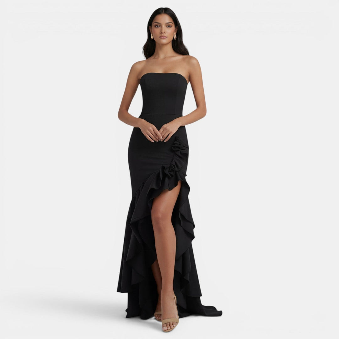 Vestido maxi para mujeres, corsé asimétrico, volantes, abertura alta
