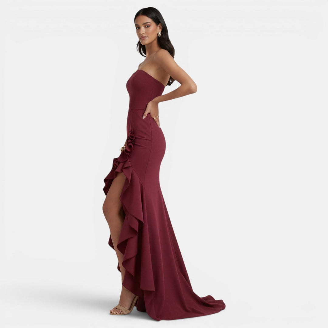 Vestido maxi para mujeres, corsé asimétrico, volantes, abertura alta