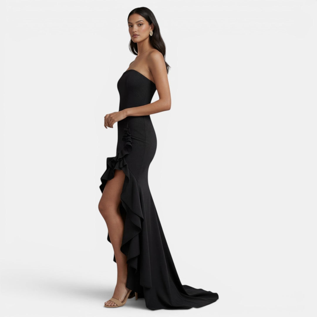Vestido maxi para mujeres, corsé asimétrico, volantes, abertura alta