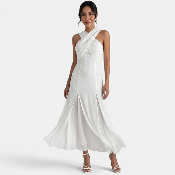 Vestido maxi de mujer con tirantes cruzados, escote halter drapeado y falda fluida