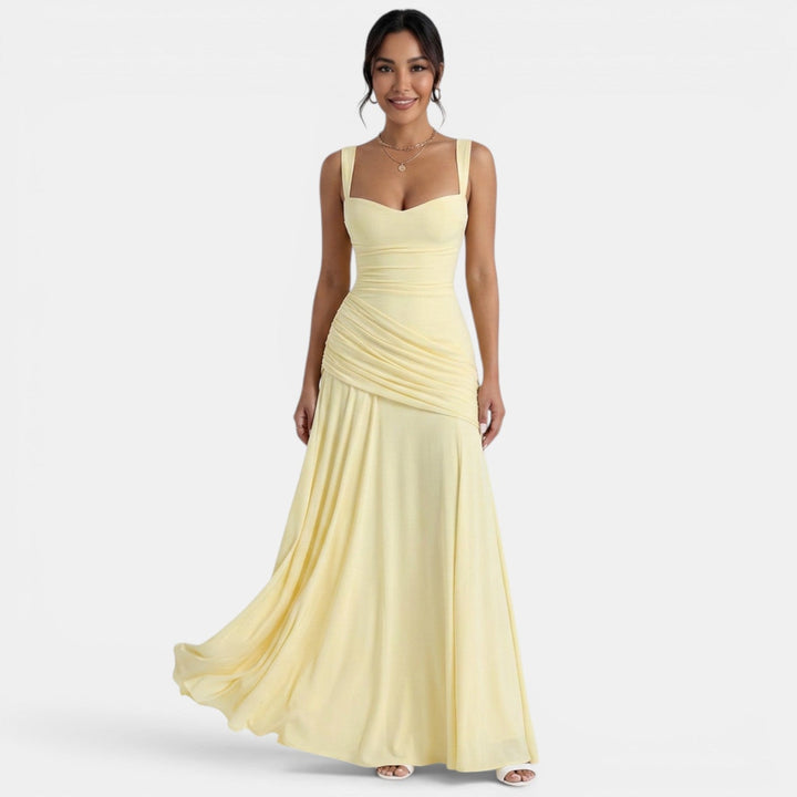 Vestido maxi amarillo para mujer con tirantes anchos, cintura drapeada, espalda cruzada