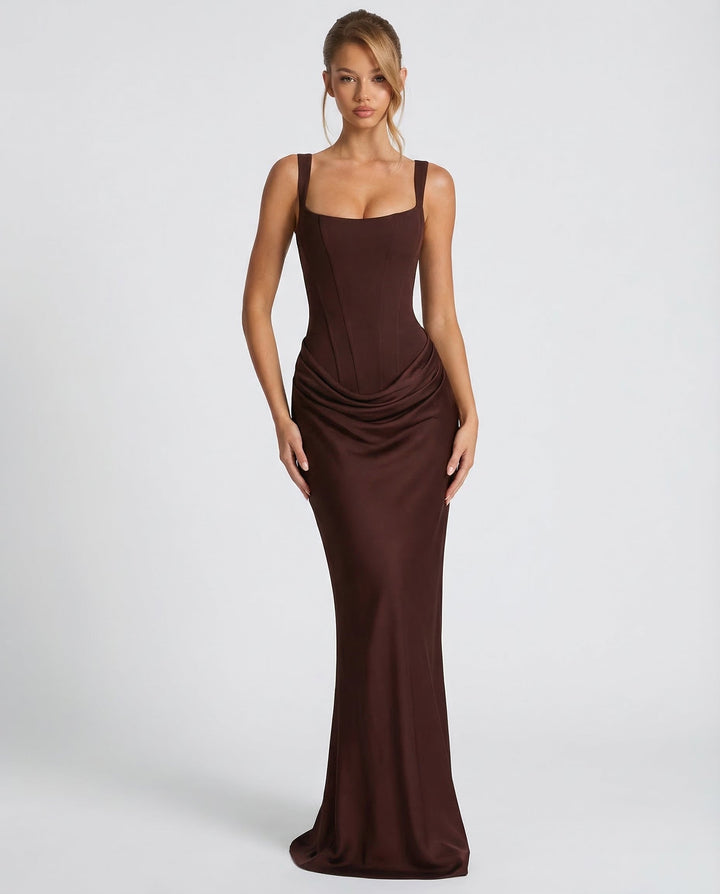 Vestido maxi para mujeres, escote cuadrado, cintura drapeada, corsé estructurado