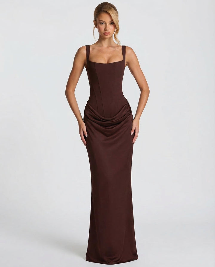 Vestido maxi para mujeres, escote cuadrado, cintura drapeada, corsé estructurado