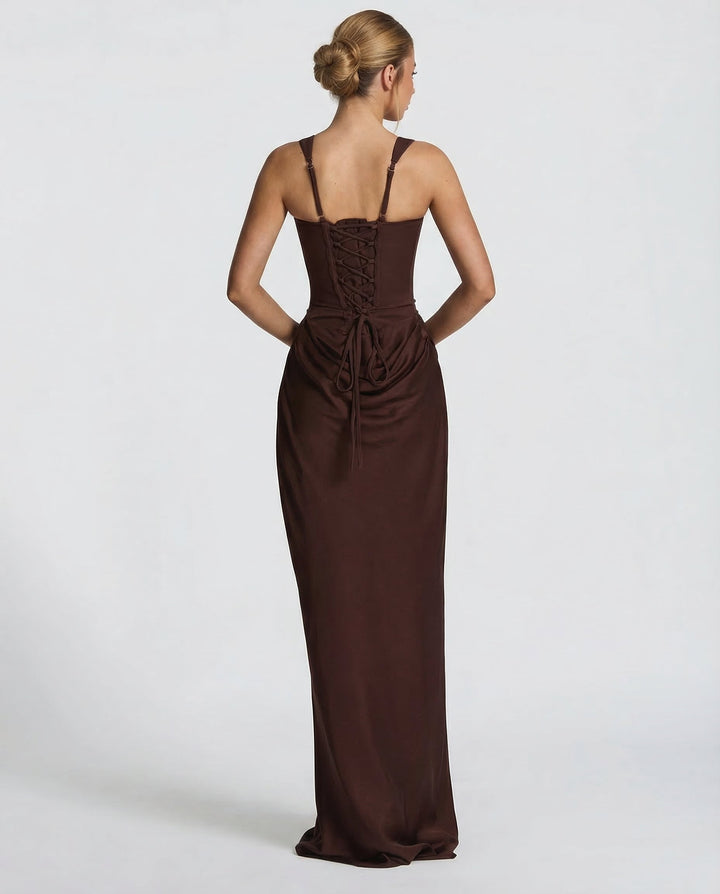 Vestido maxi para mujeres, escote cuadrado, cintura drapeada, corsé estructurado