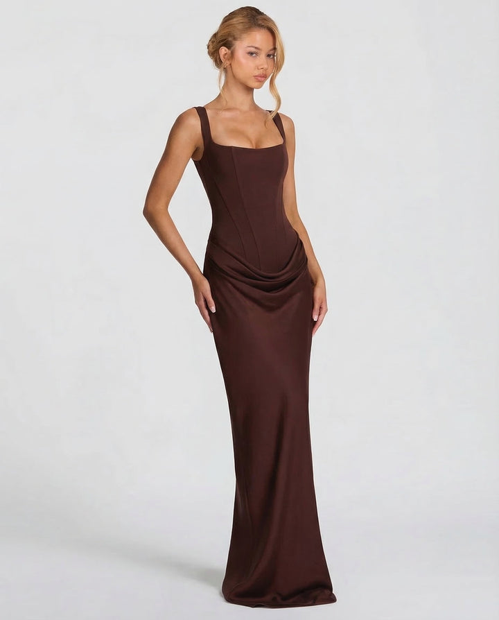 Vestido maxi para mujeres, escote cuadrado, cintura drapeada, corsé estructurado