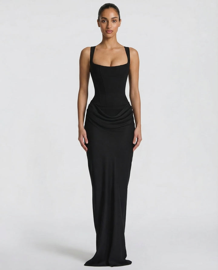 Vestido maxi para mujeres, escote cuadrado, cintura drapeada, corsé estructurado