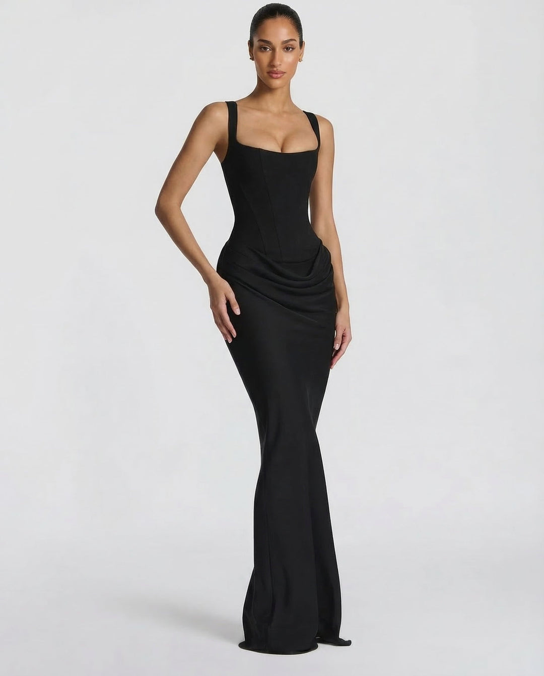 Vestido maxi para mujeres, escote cuadrado, cintura drapeada, corsé estructurado