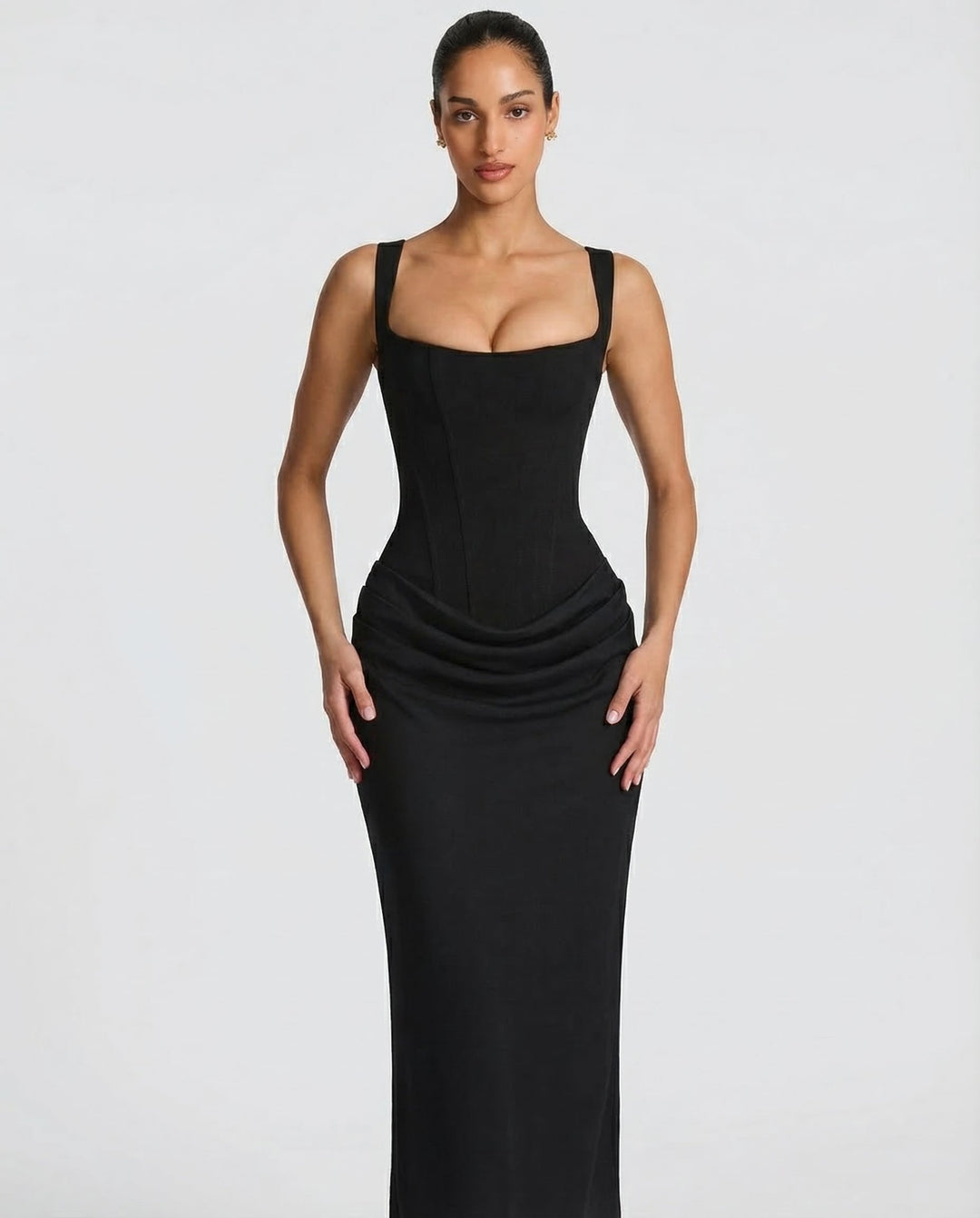 Vestido maxi para mujeres, escote cuadrado, cintura drapeada, corsé estructurado