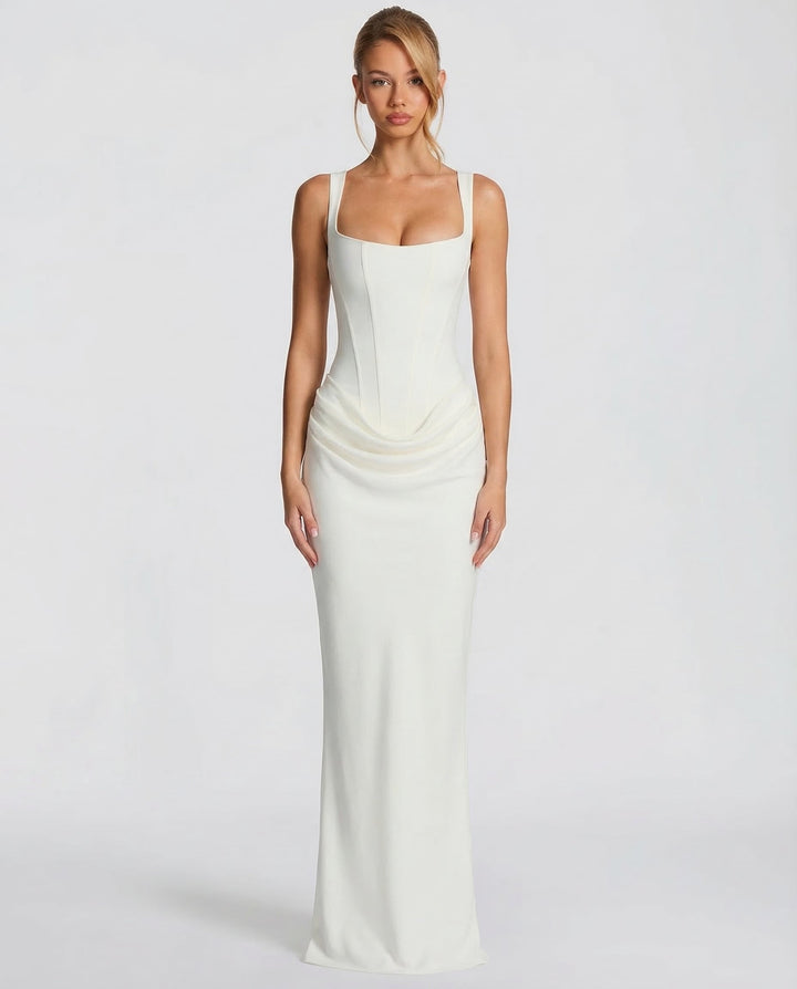 Vestido maxi para mujeres, escote cuadrado, cintura drapeada, corsé estructurado