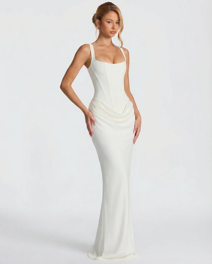 Vestido maxi para mujeres, escote cuadrado, cintura drapeada, corsé estructurado
