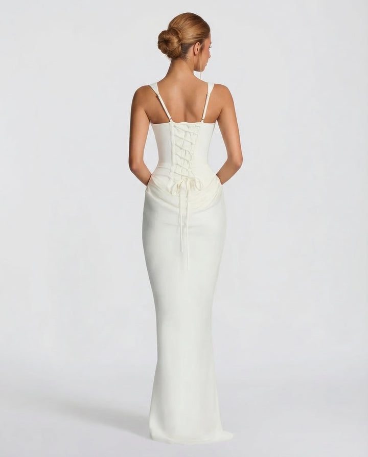 Vestido maxi para mujeres, escote cuadrado, cintura drapeada, corsé estructurado