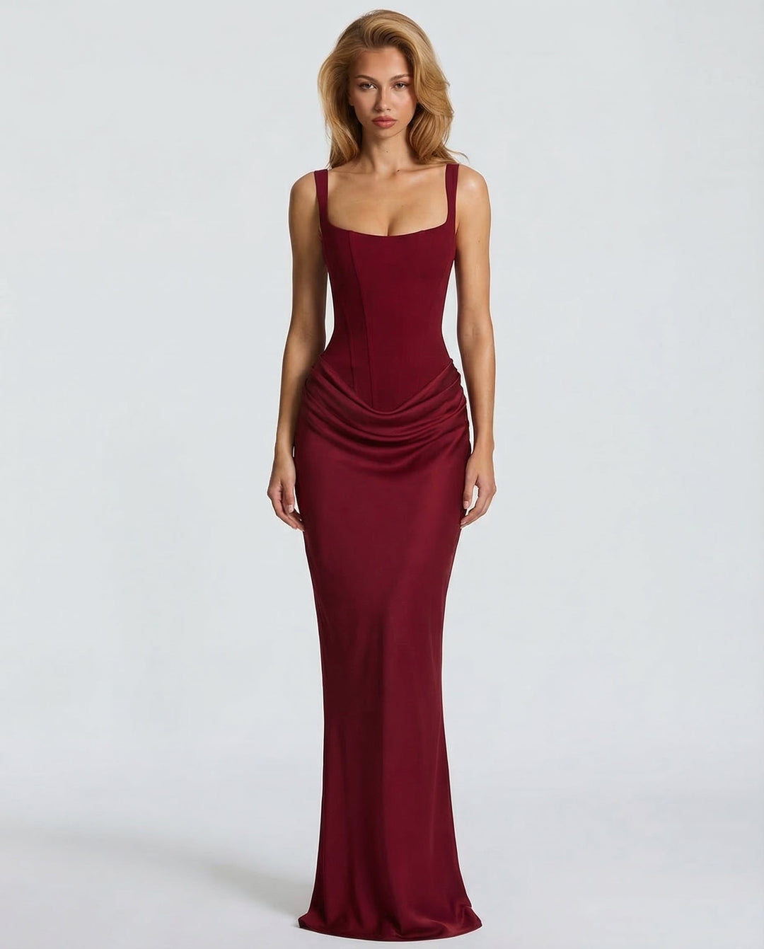 Vestido maxi para mujeres, escote cuadrado, cintura drapeada, corsé estructurado