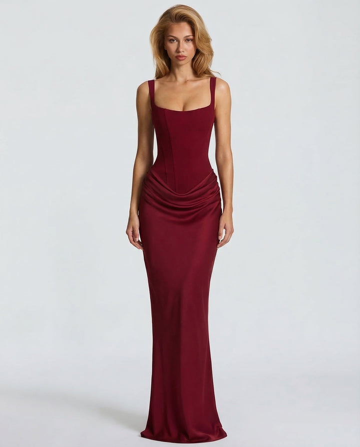 Vestido maxi para mujeres, escote cuadrado, cintura drapeada, corsé estructurado