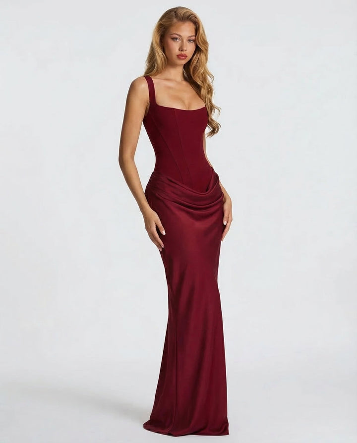 Vestido maxi para mujeres, escote cuadrado, cintura drapeada, corsé estructurado
