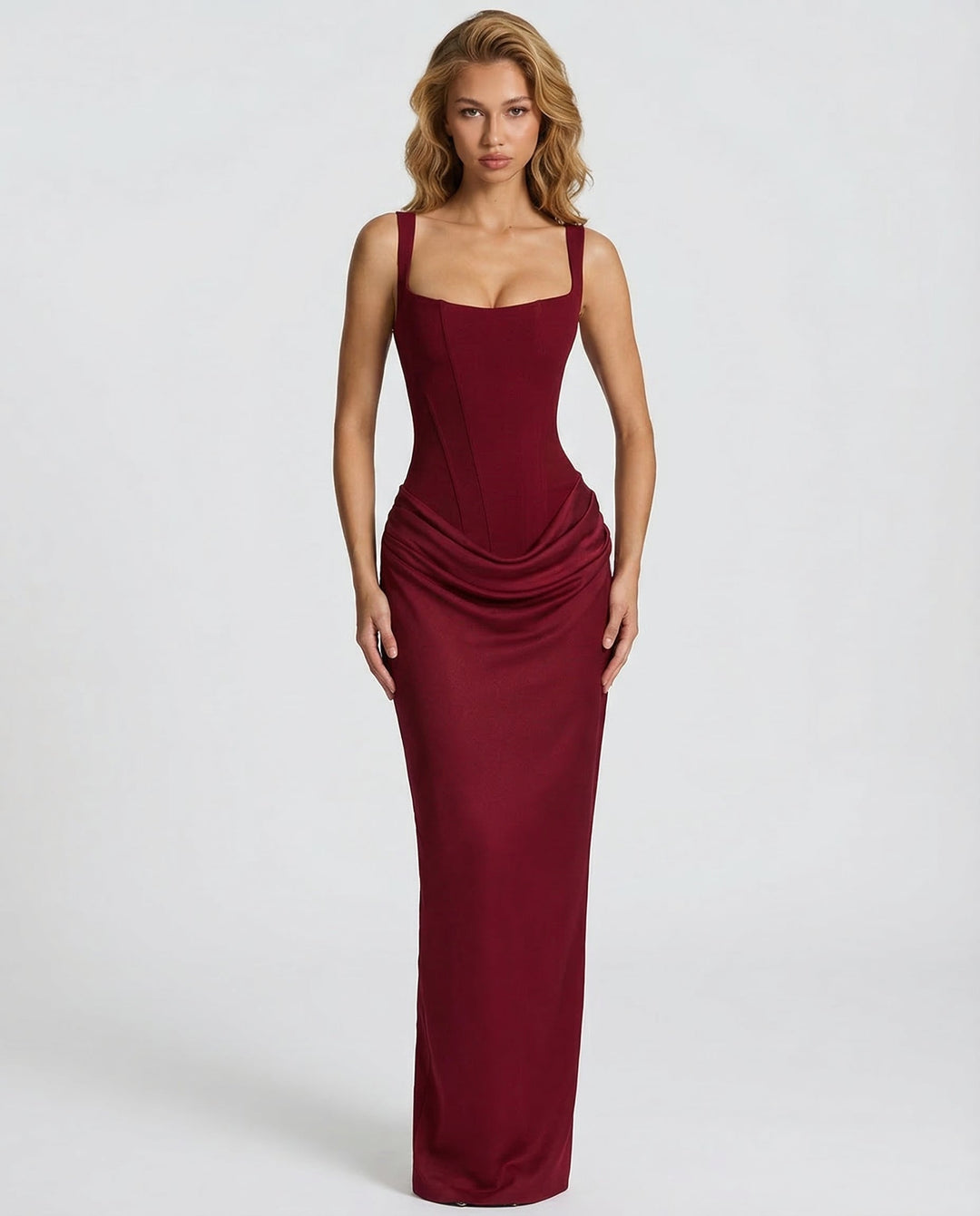 Vestido maxi para mujeres, escote cuadrado, cintura drapeada, corsé estructurado
