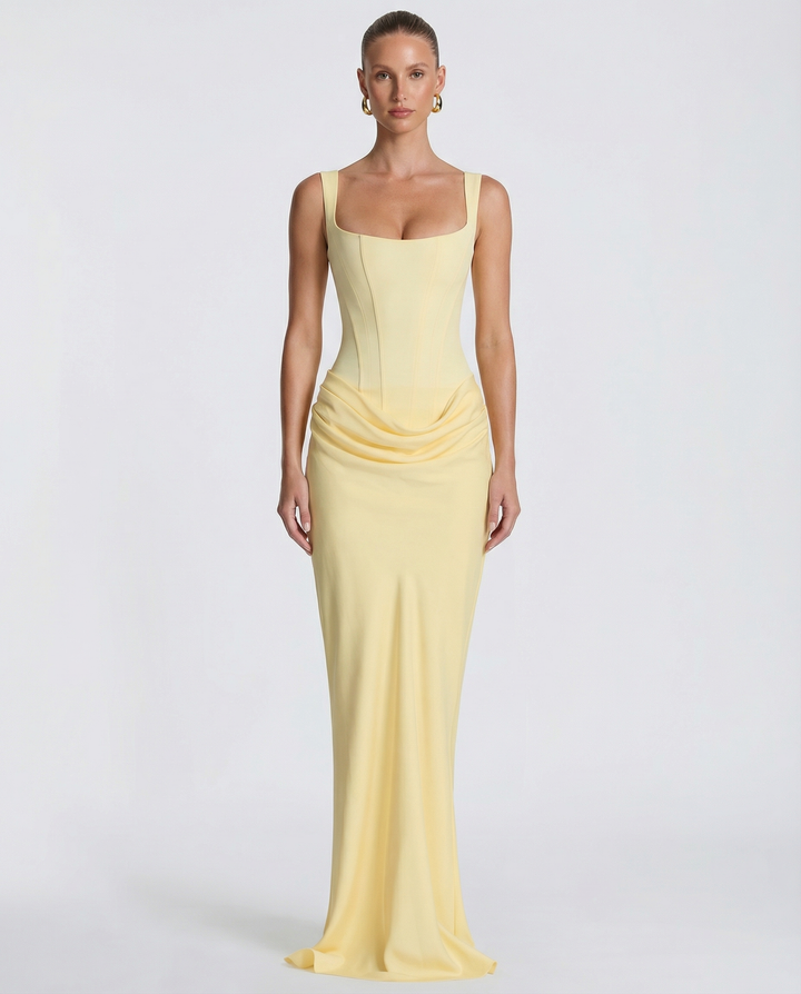 Vestido maxi para mujeres, escote cuadrado, cintura drapeada, corsé estructurado
