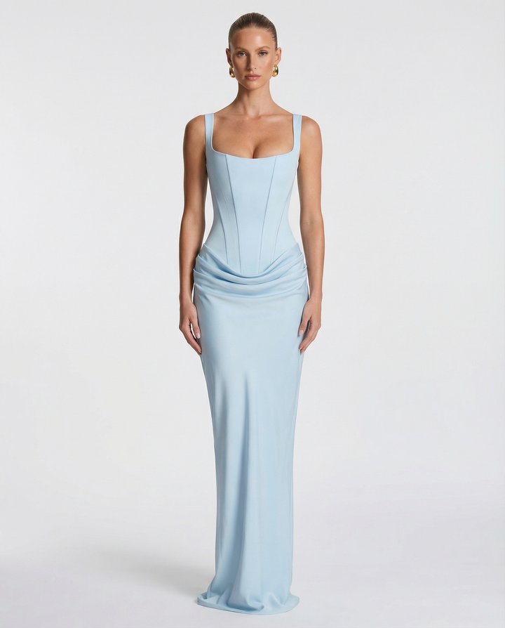 Vestido maxi para mujeres, escote cuadrado, cintura drapeada, corsé estructurado