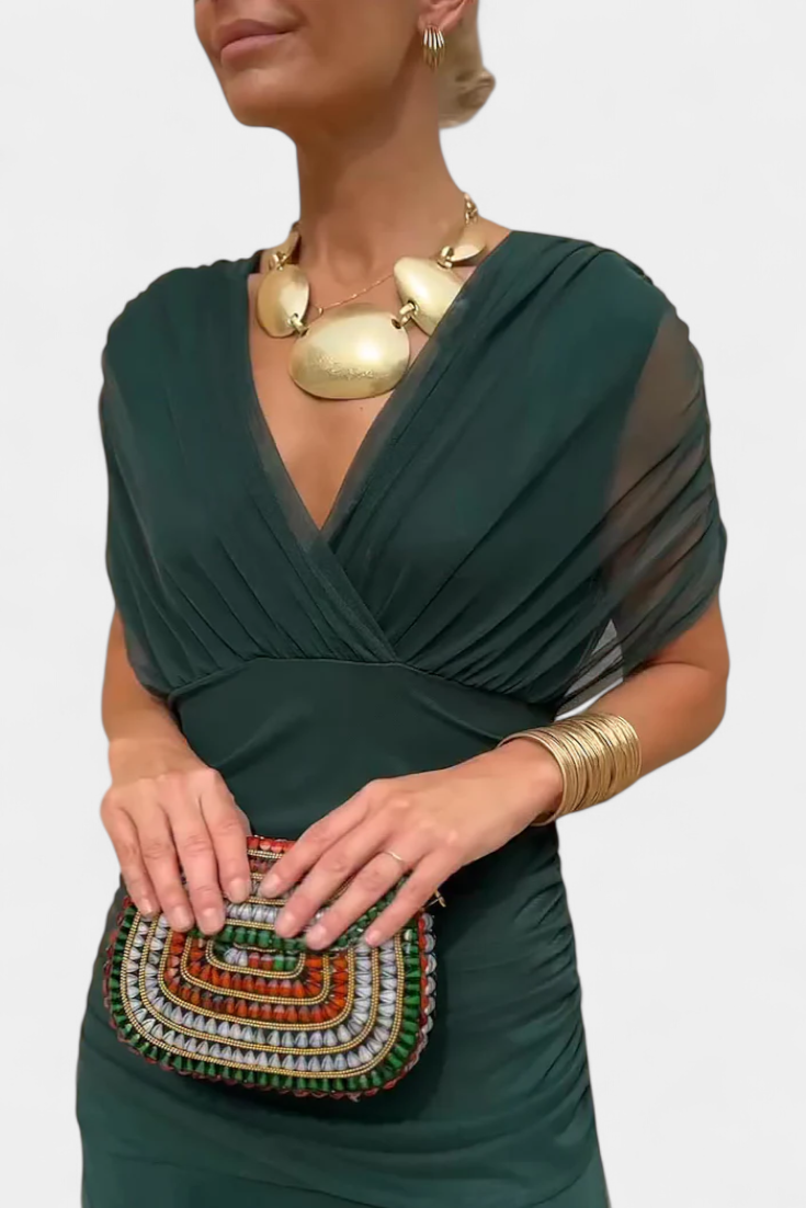 Vestido maxi para mujeres con hombros al descubierto, cintura fruncida y escote retorcido