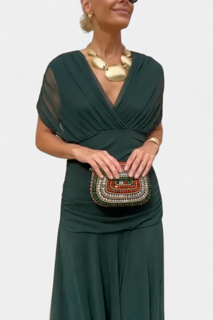 Vestido maxi de mujer con hombros al descubierto, escote en V drapeado, falda fluida y mangas abullonadas