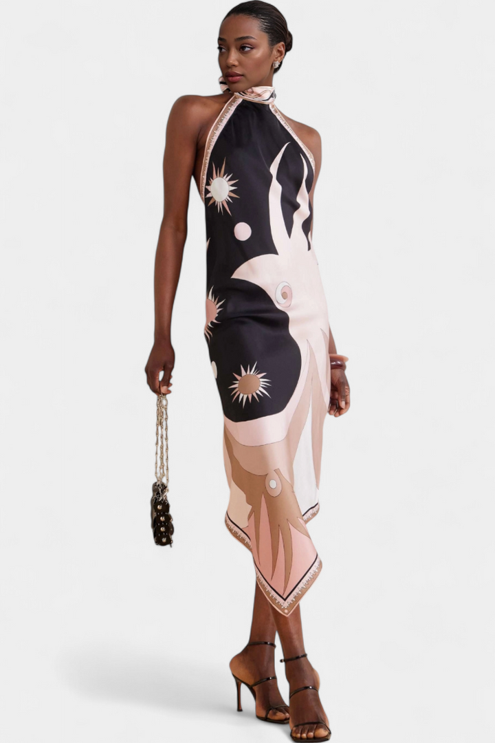 Rosenda Vestido con Espalda Abierta y Estampado Abstracto