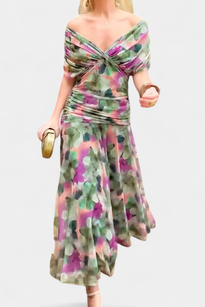 Vestido maxi para mujeres con hombros al descubierto, cintura fruncida y escote retorcido