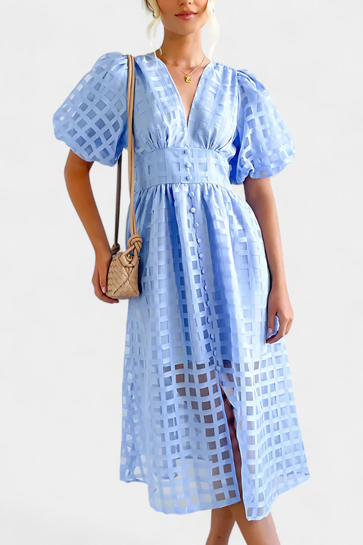 Marigold Vestido Midi de Manga Abullonada con Patrón de Cuadrados
