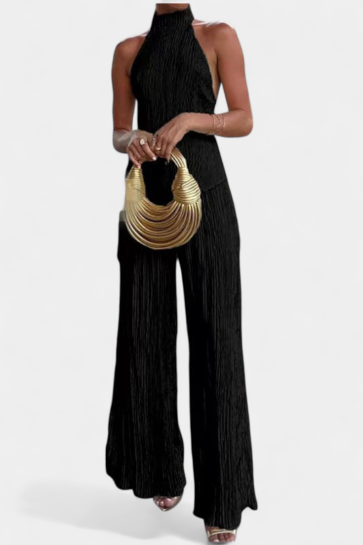 Pilarica Conjunto Elegante Plisado de Top Asimétrico y Pantalón Fluido