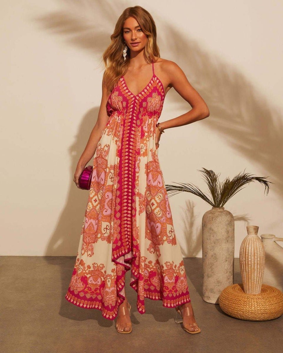Layla – Vestido de verano con estampado boho y dobladillo asimétrico