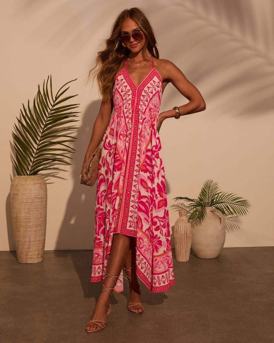 Layla – Vestido de verano con estampado boho y dobladillo asimétrico