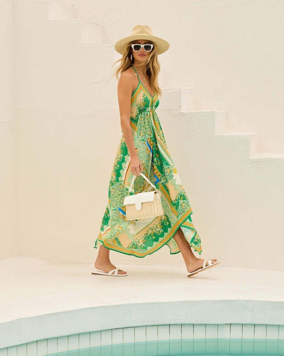 Layla – Vestido de verano con estampado boho y dobladillo asimétrico