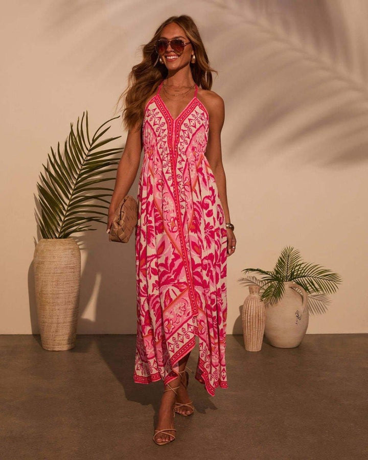 Layla – Vestido de verano con estampado boho y dobladillo asimétrico