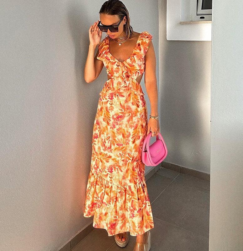 Liora – Vestido maxi femenino con volantes y recortes en estampado acuarela
