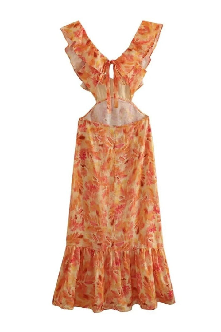 Liora – Vestido maxi femenino con volantes y recortes en estampado acuarela
