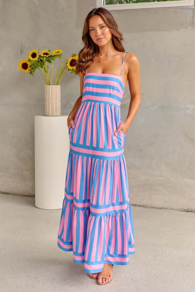 marina – vestido maxi a rayas con tirantes de espagueti y falda en capas