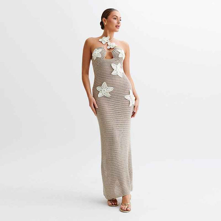 maris – vestido maxí de ganchillo con flores 3D y cuello halter