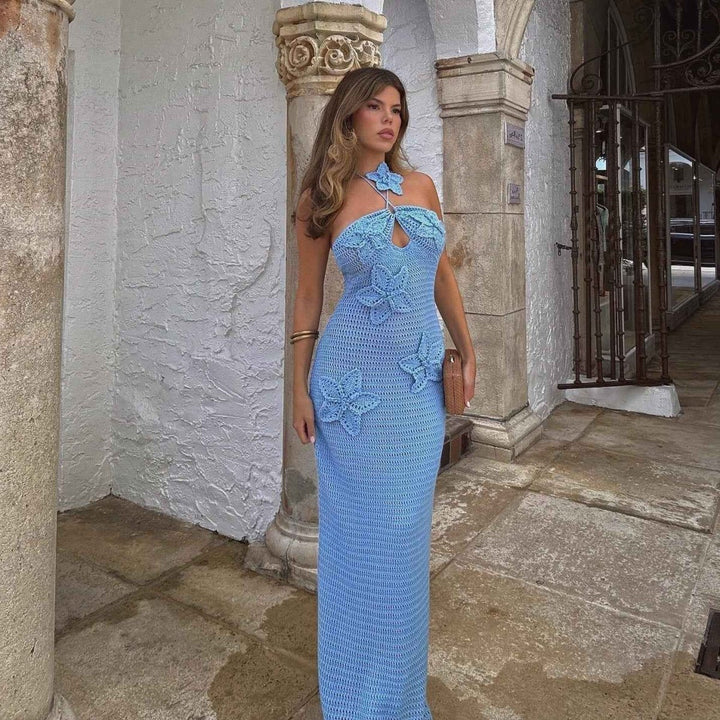 maris – vestido maxí de ganchillo con flores 3D y cuello halter