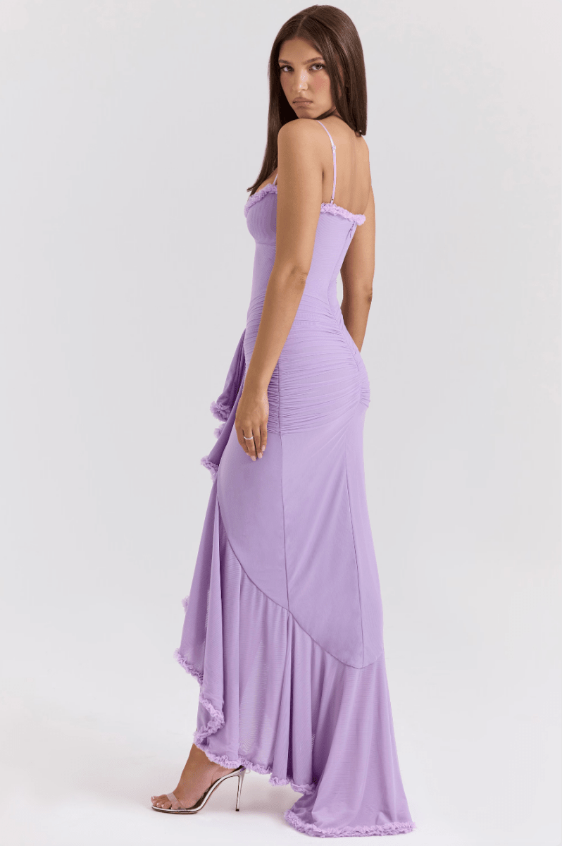 Maxi vestido de noche de manga larga con volantes