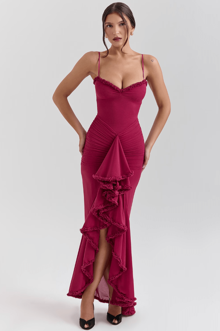 Maxi vestido de noche de manga larga con volantes
